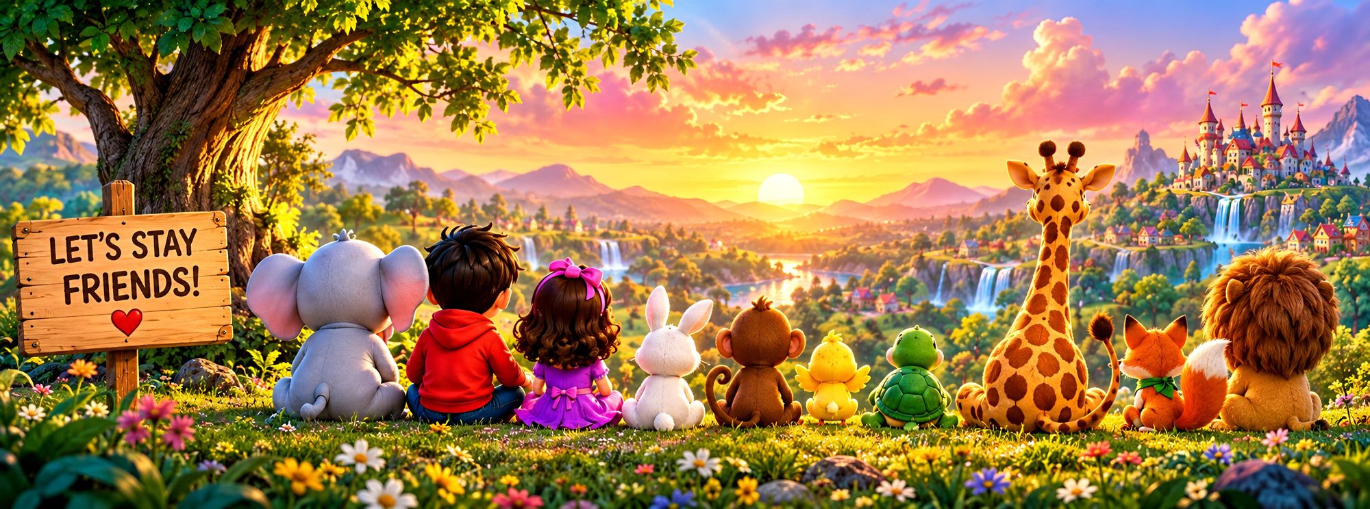 Dodo, Lili and the whole Storyland crew sitting together under a tree at sunset, looking out over the kingdom with a sign that reads Let's Stay Friends