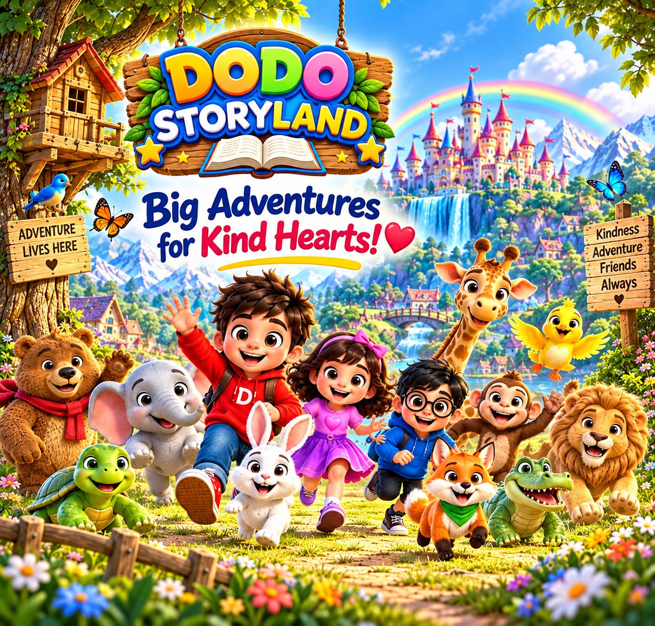 Dodo, Lili, Milo and the Storyland crew running together through a magical storybook world, with a fairytale castle, waterfall and rainbow in the distance