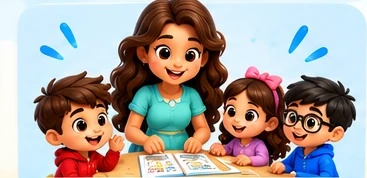 A parent using Dodo Storyland activities with three children