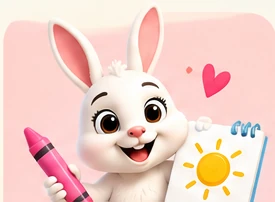 BunBun holding a crayon next to a drawing